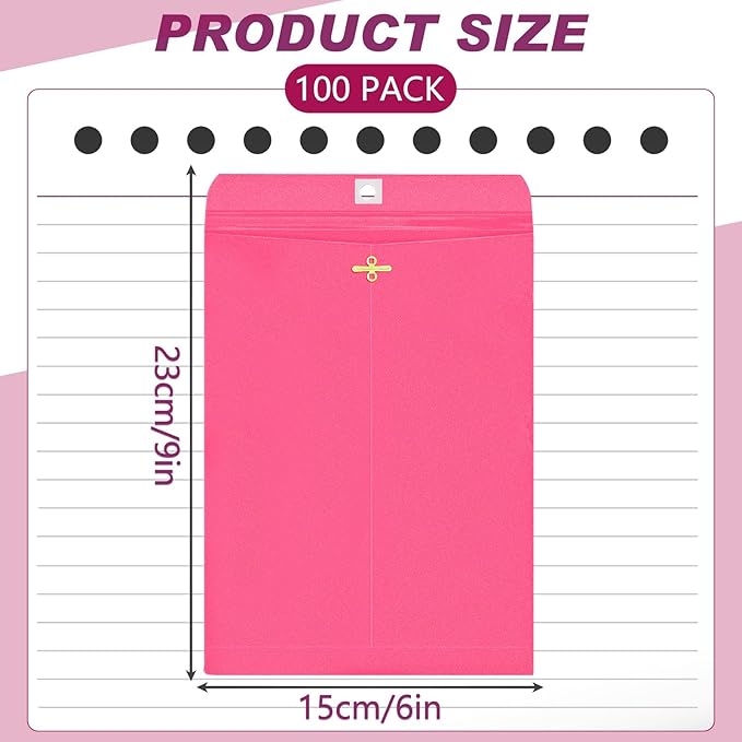 Geyee 100 Pcs Clasp Manilla Envelopes 6 x 9 Inch Gummed Colored Envelopes for Storing or Mailing for Home Office Business Supplies(Rose Pink)