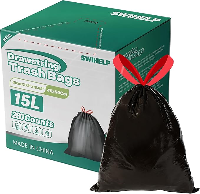 SWIHELP Drawstring Trash Bags 280 Counts 4 Gallon Garbage Bags 15 Liters Plastic Trash Can Liners Waste Basket Bin Liners