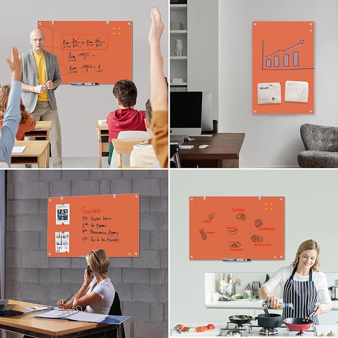 TSJ OFFICE Glass Dry-Erase Board - 36 x 24 Inches Wall Mounted Magnetic Whiteboard, Large Frameless Glass White Board for Office, Home & School, Orange
