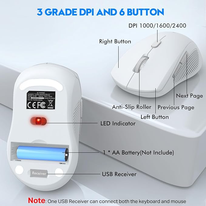 Wireless Keyboard and Mouse Combo, E-YOOSO 2.4GHz Full Sized Ergonomic Wireless Keyboard with Wrist Rest, 3 DPI Adjustable and 6 Buttons Cordless USB Mouse for Computer, Laptop, PC, Windows (White)