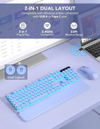 Wireless Keyboard and Mouse Backlit - Typewriter Keyboard with Retro Round Keycaps, Detachable Wrist Rest, Light Up Letters, 2.4G Rechargeable Combo for Mac, Windows, PC, Laptop, Trueque (Purple)