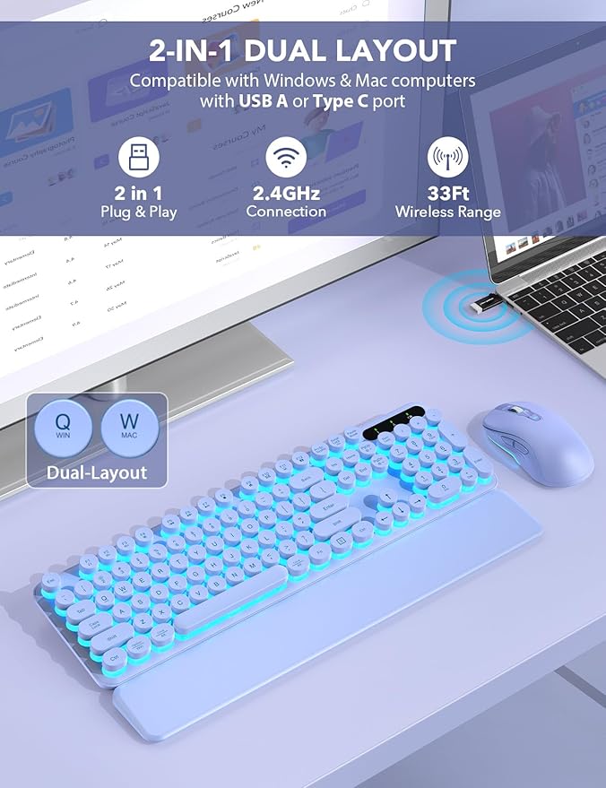 Wireless Keyboard and Mouse Backlit - Typewriter Keyboard with Retro Round Keycaps, Detachable Wrist Rest, Light Up Letters, 2.4G Rechargeable Combo for Mac, Windows, PC, Laptop, Trueque (Purple)