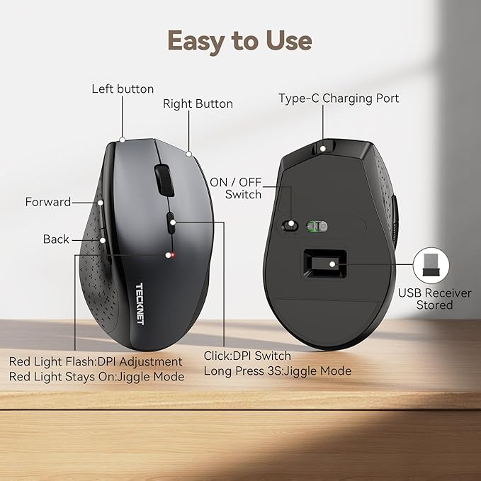 TECKNET Wireless Mouse Jiggler, USB-C Rechargeable Mouse, Silent Mouse Quiet Click, Build-in Mouse Mover, 6400 DPI Ergonomic Mouse, 2.4G Cordless Computer Mice for Mac, Laptop, Desktop, PC