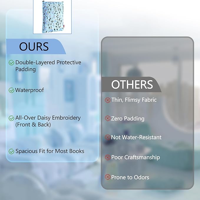 LParkin Daisy Flower Embroidery Book Sleeve with Zipper for Readers Protector Cover Gift for Book Lovers, 11x 8.5 Inch Washable Fabric, Daisy Blue