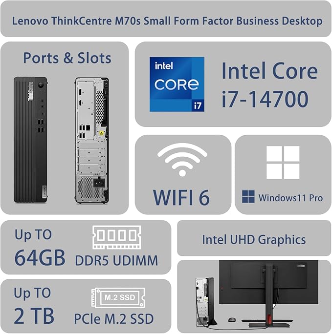 Lenovo ThinkCentre M70s Small Form Factor Business Desktop, Intel 20-Core i7-14700, 32GB DDR5, 1TB SSD, HDMI, DP, Wi-Fi 6, Wired KB & Mouse, Win 11 Pro, Bundle with ADATA UC310 64GB USB Flash Drive
