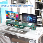 gianotter Dual Monitor Stand Riser, Desk Organizer With Drawer and 2 Pen Holders, Monitor Stand for Desk, Office Decor Essentials (Green)