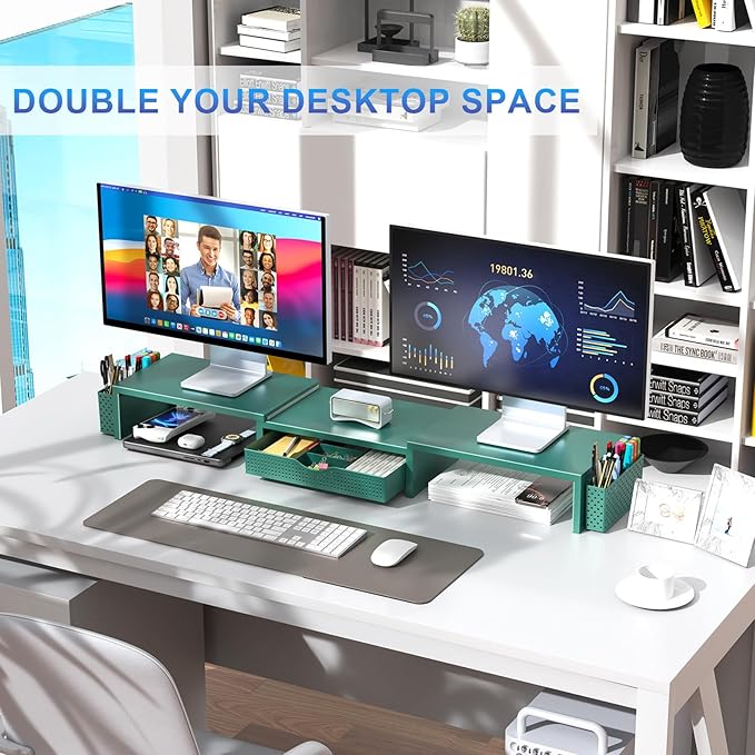 gianotter Dual Monitor Stand Riser, Desk Organizer With Drawer and 2 Pen Holders, Monitor Stand for Desk, Office Decor Essentials (Green)