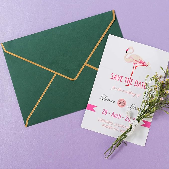 50 Pack A4 Envelopes Dark Green 4x6 Self-Adhesive V Flap Envelopes with Gold Border for Office, Wedding Gift Cards, Invitations, Graduation, Baby Shower, Parties (4.25x6.25 inches)