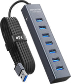 4Ft 7-Port USB 3.0 Hub for Desktop - Aluminium USB Extender Hub 5Gbps, USB Multiport Adapter, USB Splitter, USB Hub Long Cable for Desktop, PC, Flash Drive, Mobile HDD, Windows/XPS, 1.2m