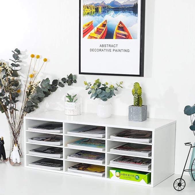 PAG Mail Sorter, Wood Countertop Literature Organizer, Student Mailbox for Classroom, Desktop Bill Paper Organizer for Office Home School, 12 Compartments, White