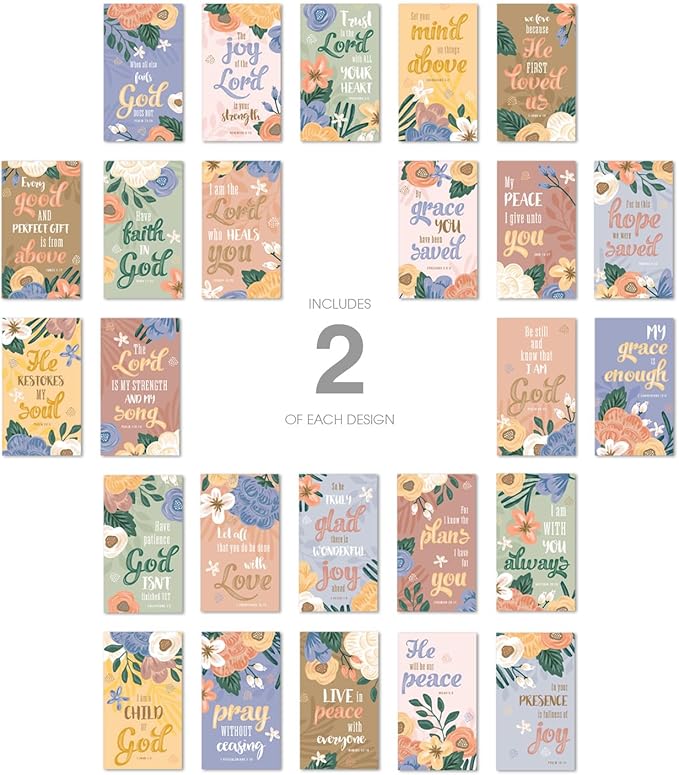 Floral Religious Motivational Mini Quote Cards / 50 Christian Encouragement Positivity Cards / 2" x 3.5" Flat Business Card Size / 25 Daily Devotional Uplifting Faith Designs / Made In The USA