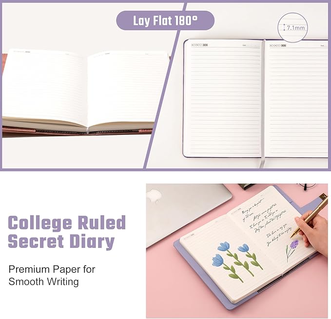 Lock Diary for Women Diary with Lock for Girls A5 Leather Locked Journal 260 Pages 100 GSM Refillable Journal with Lock for Teens Secrets Flower Journals with Combination Passwords, 5.7"x8.3", Purple