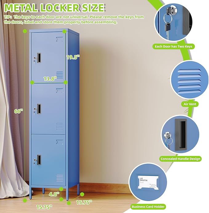 Aobabo 16" W 3 Door Metal Storage Locker with Lock, 66" H Steel Locker with Name Card Holder and Metal Leg for School, Home, Office, Playroom, Assembly Required, Blue