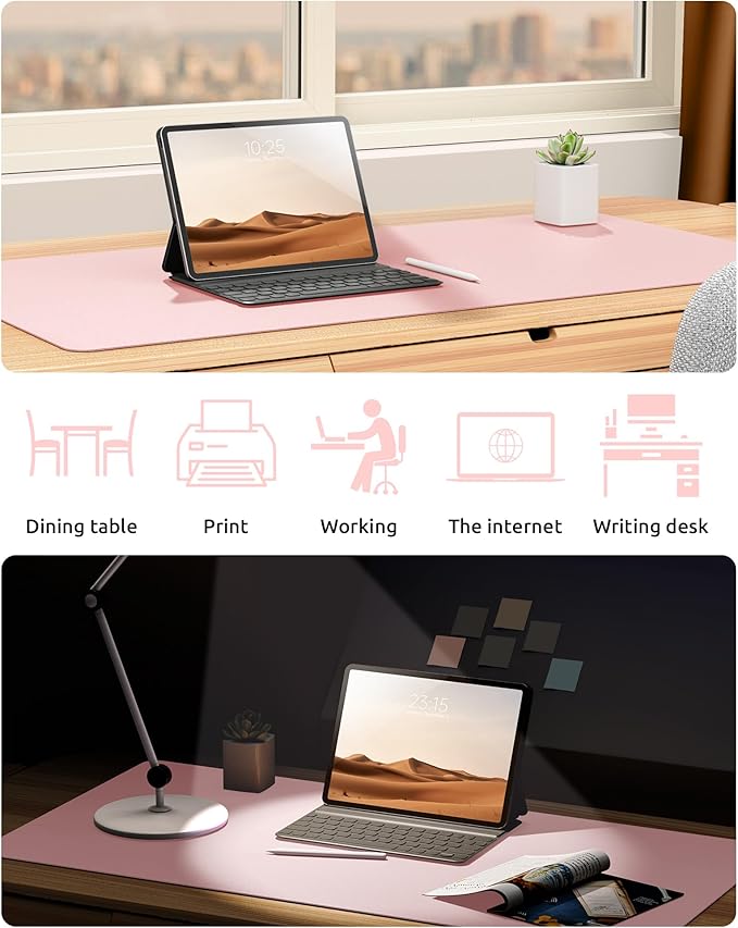YSAGi Leather Desk Protector, Office Mat, Large Mouse Mat, Non-Slip PU Leather Blotter, Laptop Pad, Waterproof Writing Pad for Office and Home (Light Pink, 23.6" x 13.8")