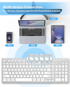 FENIFOX Wireless Keyboard, Bluetooth + USB Ergonomic Silent Quiet Rechargeable with Number Pad Compact Full Size Multi Device Keyboards for iPad Tablet Mac Computer Surface PC MacBook Laptop Silver