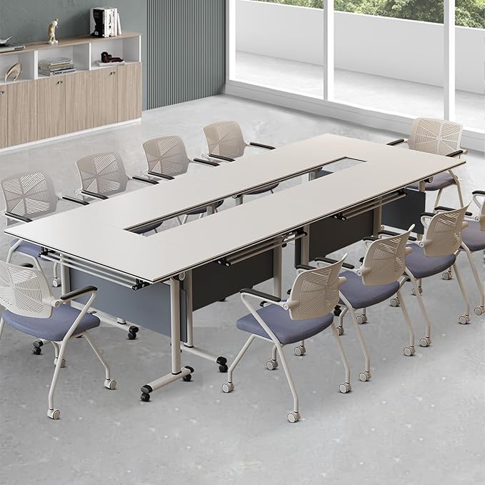 Folding Conference Table, Modern Large Conference Room Tables with Flip-Top Design, Foldable Conference Table Meeting Table with Wheels, Mobile Seminar Training Tables for Office Classroom (6, Gray)