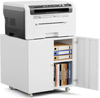 Warmiehomy Metal Printer Stand with Storage Mobile Printer Tables for Small Spaces with Door Adjustable Shelf File Cabinet on Wheels for Home Office (White)