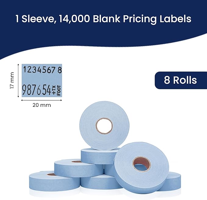 Perco Blue Pricing Labels for Monarch 1136 Price Gun - 8 Rolls, 14,000 Pricemarking Labels - with Bonus Ink Roll Included