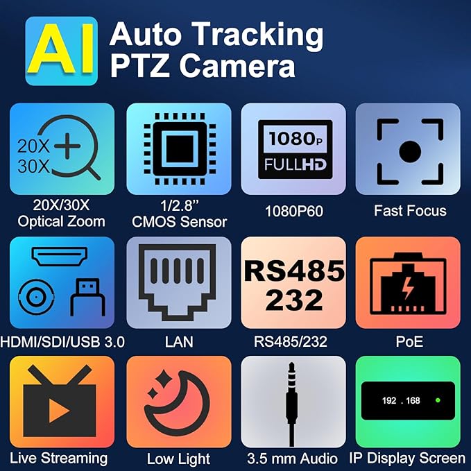 PTZ Camera, AI Auto Tracking 1080P60 PoE, 20X Optical Zoom, 3G-SDI HDMI USB3.0 LAN, Live Streaming for Church Meeting Education Sport Hospital Wedding