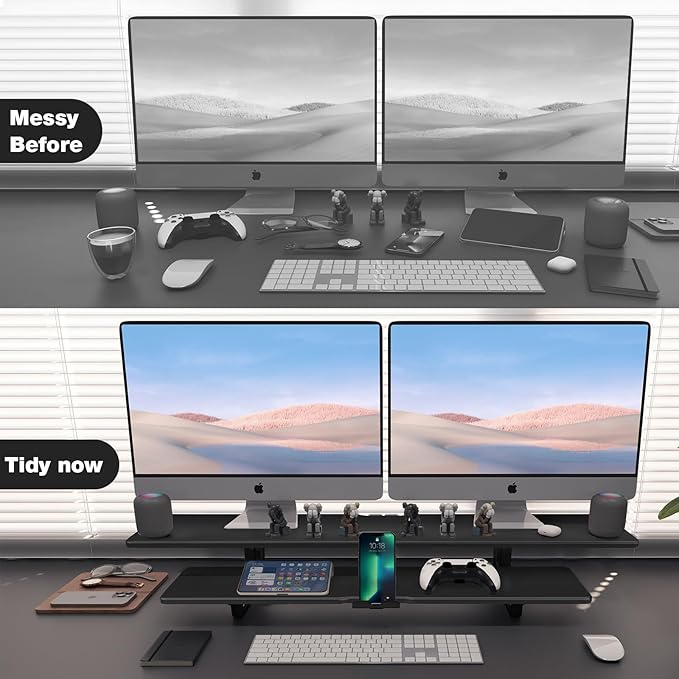 Dual Monitor Stand, 2-Tier Wood Monitor Riser with Storage Organizer and Cable Management, Black