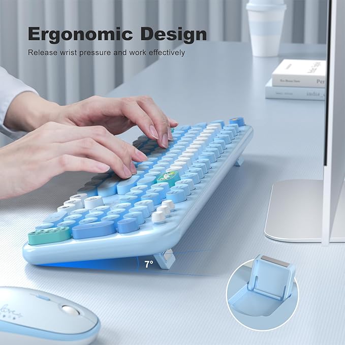 Wireless Keyboard and Mouse Combo, MOWUX Full Size Typewriter Retro Round Computer Keyboard, Cute Optical Mouse Wireless, Plug and Play, for Laptop, PC, Computer - Blue Heart