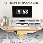 White Dual Monitor Stand Riser, Metal Desk Organizers and Accessories with Drawer and 2 Pen Holders, Computer Monitor Stand for Desk