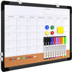 Monthly Calendar Whiteboard Dry Erase Cork Board Combination for Wall, 17x13 Magnetic Dry Erase Board, Double-Sided White Board, Portable Board for Office, Planning, Memo, School, Home (Black)