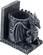 MyGift Gothic Black Resin Dragon Guarding Castle Pencil Cup Bookends, Office Desk Book Ends with Decorative Fantasy Dragons and Stone Tower Pen Holders, 1 Pair