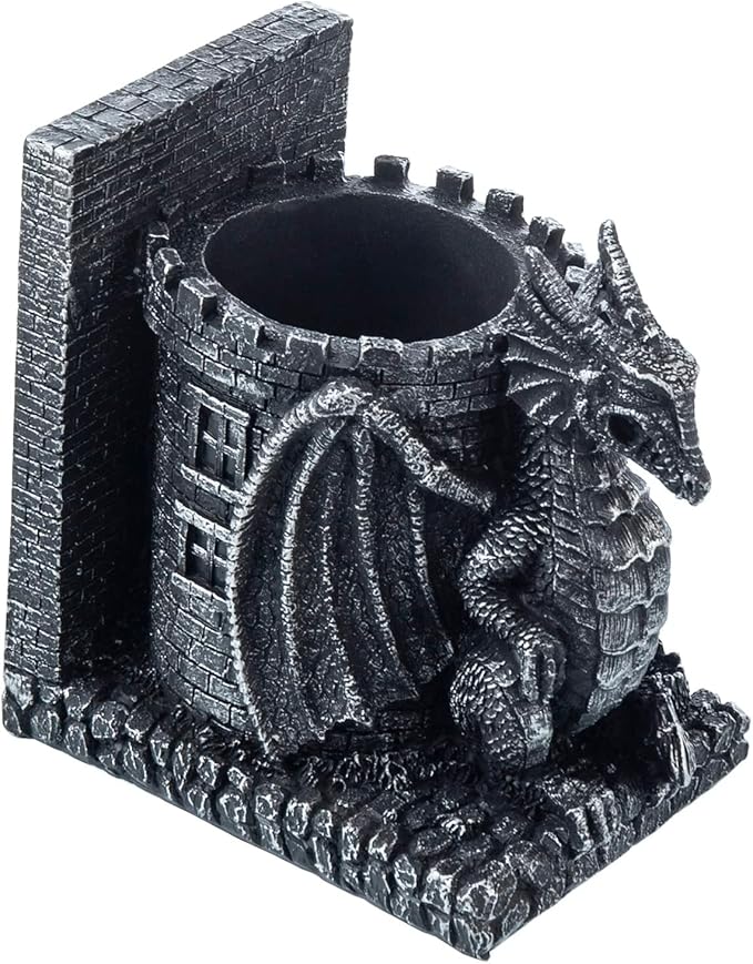 MyGift Gothic Black Resin Dragon Guarding Castle Pencil Cup Bookends, Office Desk Book Ends with Decorative Fantasy Dragons and Stone Tower Pen Holders, 1 Pair