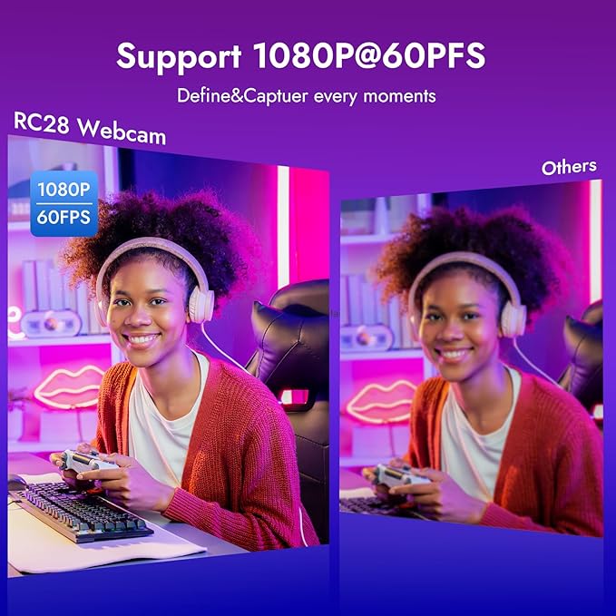 ROCWARE RC28 1080P 60FPS Webcam with Dual Microphones | Cardioid & Omnidirectional Pickup, Hi-Fi Sound, AI Noise Cancellation & Raw Audio Modes for Streaming, Video Calls & Studio-Quality Recording