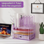 Marbrasse Desk Organizers, 4-Tier Mesh Desk File Organizer with 5 Vertical File Holders and 2 Pen Holders, Multifunction Desktop Organizer,Desk Organizers and Accessories for Home Office (Purple)