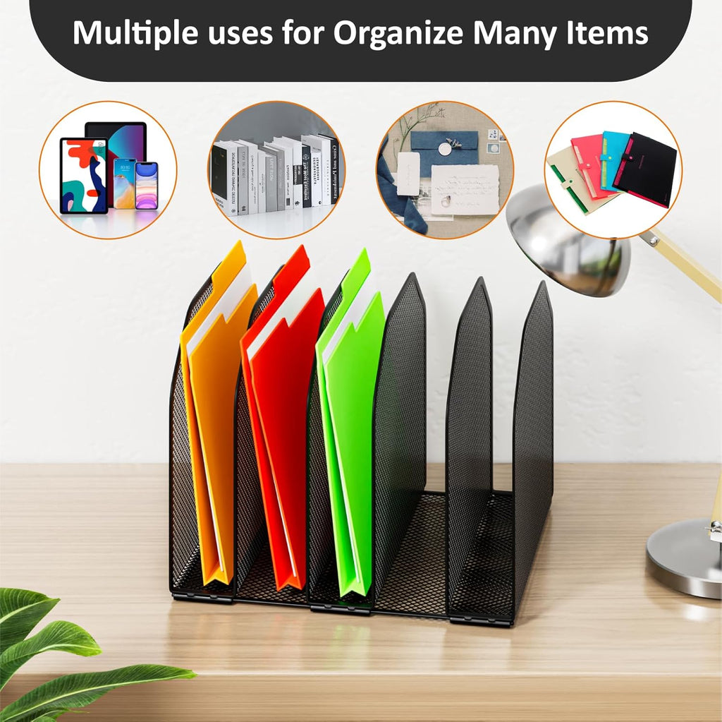 Desk File Organizer, Adjustable 5 Sections Upright Desktop Organizer File Sorter, Sturdy Metal Mesh Vertical Bookshelf File Holder Workspace Accessories for Home,School,Office Classroom,Black