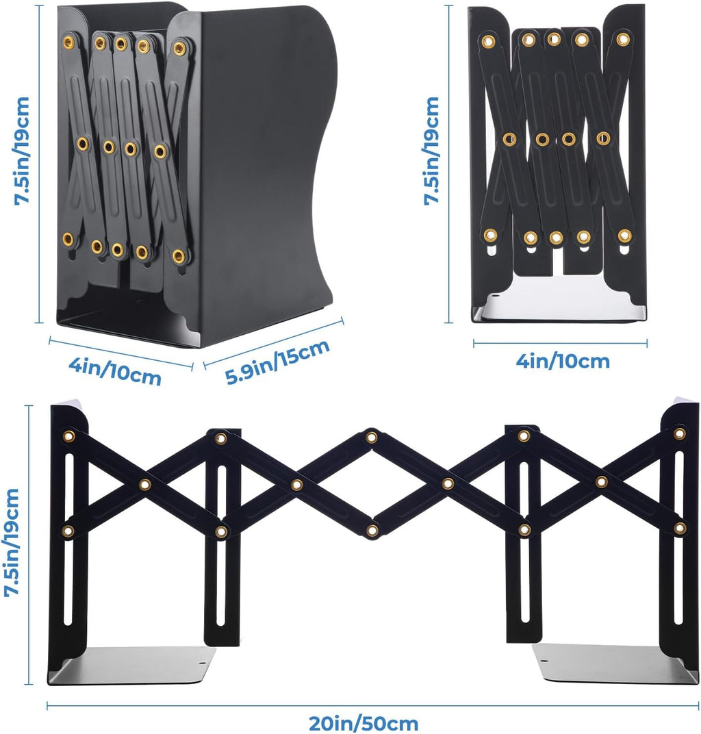 M&G Adjustable Bookends Book Ends for Shelves, Metal Bookend for Heavy Books, Desk Magazine File Organizer Holder Extends up to 20in, Book Stopper for Home, Office, Classroom (Black)
