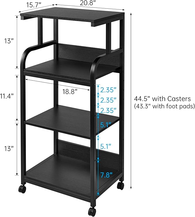 Printer Stand with Adjustable Shelf, 4 Tier Large Tall Printer Table with Wheels for Home Office Storage and Organization, Rolling Stand Cart for Computer Tower CPU Shredder, Black