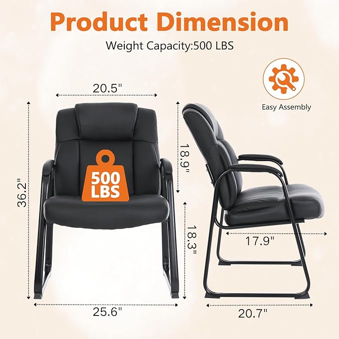 CLATINA Big & Tall 500 lb. Guest Chair, Leather Reception Chairs with Sled Base and Padded Arm Rest for Waiting Room Office Home and Meeting Conference-Black (4 Pack)