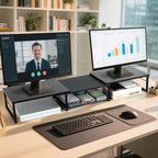 Dual Monitor Stand Riser, Desk Organizer with Drawer, Office Desk Organizers and Accessories, Office Workspace Organization, Computer Monitor Stand for Laptop, Printer (Black)