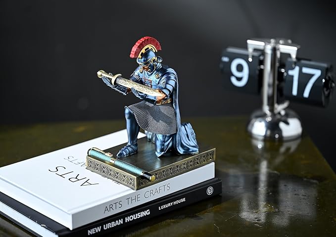 Roman Praetorian Prefect Warrior Knight Pen Holder Desk Ornament Resin Praetorian Guard Mobile Phone Stand Desk Accessories and Organizer for Office with a Letter Opener (Blue)