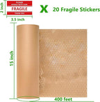 Honeycomb Packing Paper Wrap 15" x200' Sustainable Alternative to Bubble Cushioning Wrap for Moving/shipping/packing Roll with 20 Fragile Sticker Biodegradable & Fully Recylable