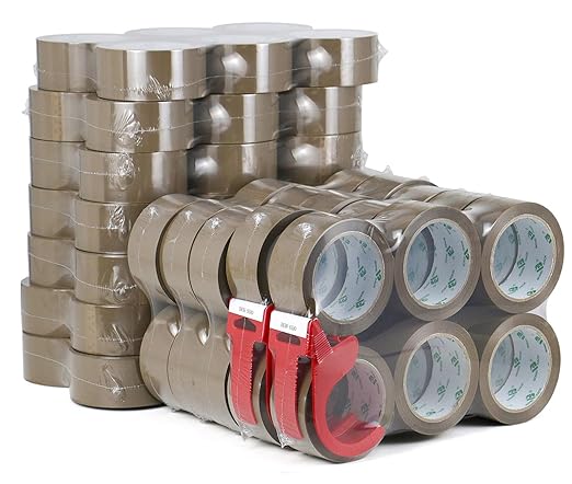 BOMEI PACK 72Rolls Brown Packing Tape with Dispenser, Bulk Box Packing Tape Rolls for Packaging, Shipping and Moving, 2.4Mil 1.88 Inch x 60 Yard