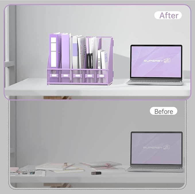 SUPEASY Desk Organizers Metal Desk Magazine File Holder with 5 Vertical Compartments Rack File Organizer for Office Desktop, Home Workspace, Purple Plus