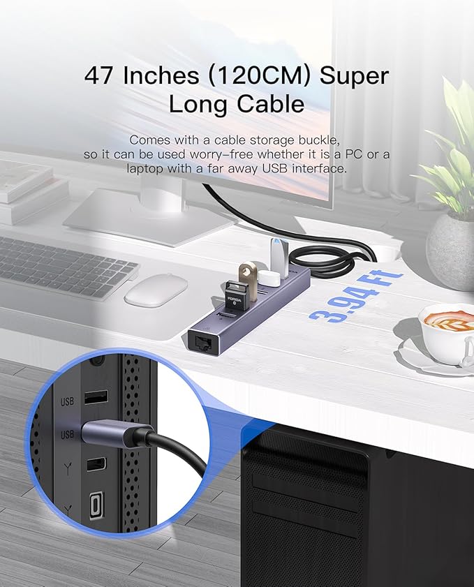 7 Port USB Hub USB Ethernet HUB with 3.9ft Long Cable for Laptop, USB Splitter with Gigabit Ethernet Port and 5V/3A Power Port, MultiPort Aluminum Expander for Laptop, iMac, PC, Flash Drives