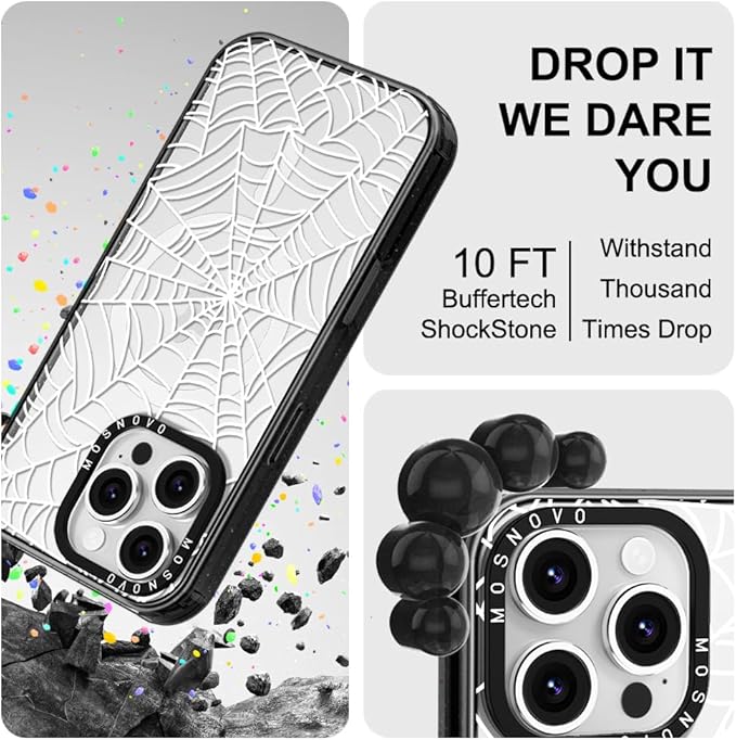 MOSNOVO Magnetic Case for iPhone 16 Pro, 10ft Military-Grade Protection, Compatible with Magsafe, Shockproof Phone Case for iPhone 16 Pro - Spider Web - Clear Black