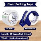 Packing Tape, 36 Rolls Clear Heavy Duty Packaging Tape with Dispensers for Packing Shipping Moving Mailing, Thicker Sealing Tape - 1.88" x 65 Yard Per Roll, 2340 Total Yards