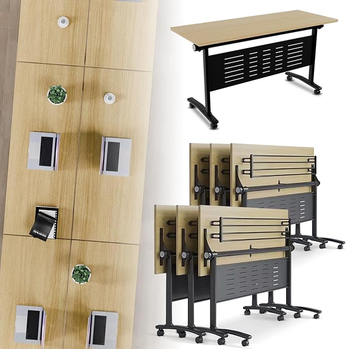 Folding Conference Room Table, Modern Conference Tables with Wheels, Large Rectangular Mobile Training Tables for Office Classroom, Foldable Modular Boardroom Seminar Table Maple (6pack L70.9in)