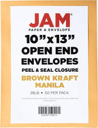 JAM PAPER 10 x 13 Open End Catalog Premium Envelopes with Peel and Seal Closure - Brown Kraft Manila - 50/Pack