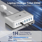 200W Charging Station for Multiple Devices, 8-Port USB C Charger Block Fast Charging, 65W Type C GaN Power Adapter for Cellphones, Tablets, Laptops, Multi Chargers USB Hub Flat Plug