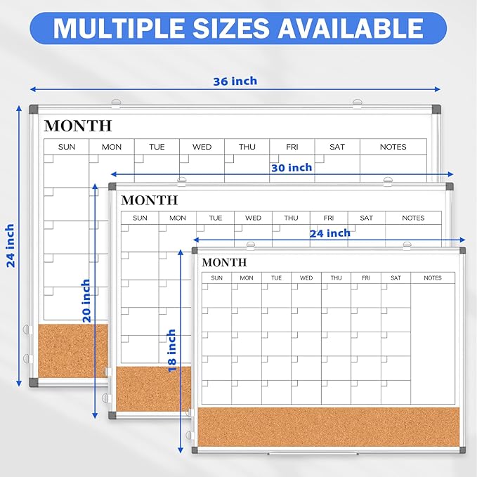 Monthly Calendar Whiteboard Dry Erase Cork Board Combo for Wall, 30" x 20" Magnetic Double-Sided Calendar White Board and Bulletin Board, Portable Board for Office, Kitchen, School, Home, Dorm