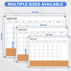 Monthly Calendar Whiteboard Dry Erase Cork Board Combo for Wall, 30" x 20" Magnetic Double-Sided Calendar White Board and Bulletin Board, Portable Board for Office, Kitchen, School, Home, Dorm