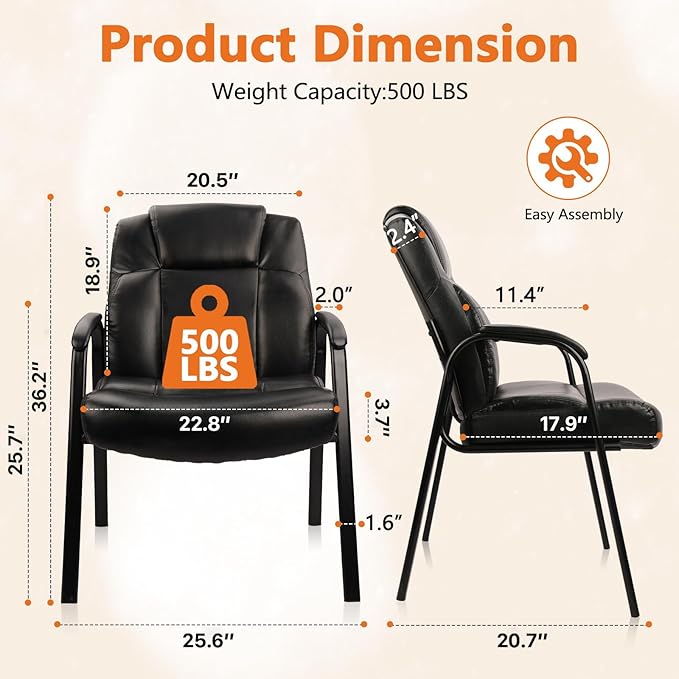 CLATINA Big & Tall 500 lb. Guest Chair, Leather Reception Chairs with Padded Arm Rest for Waiting Room Office Home and Meeting Conference-Black