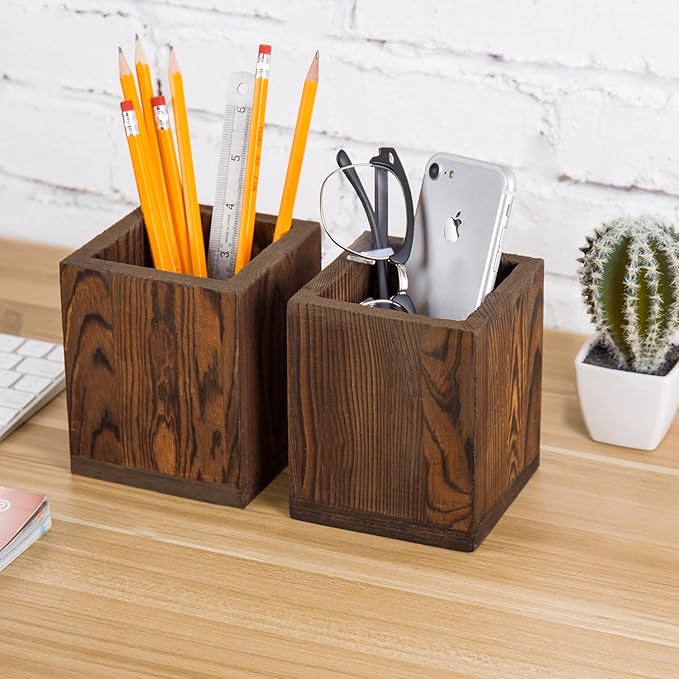 MyGift Set of 2 Natural Grain Wood Desktop Pen Holder Pencil Holder Cup, Office Dorm Home Desk Supplies Organizer